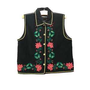 Dressbarn Women's Vest Top Black Medium Embroidered Floral Button Front Lined